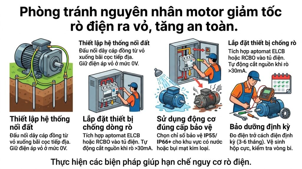 Phòng tránh nguyên nhân motor giảm tốc rò điện ra vỏ, tăng an toàn.