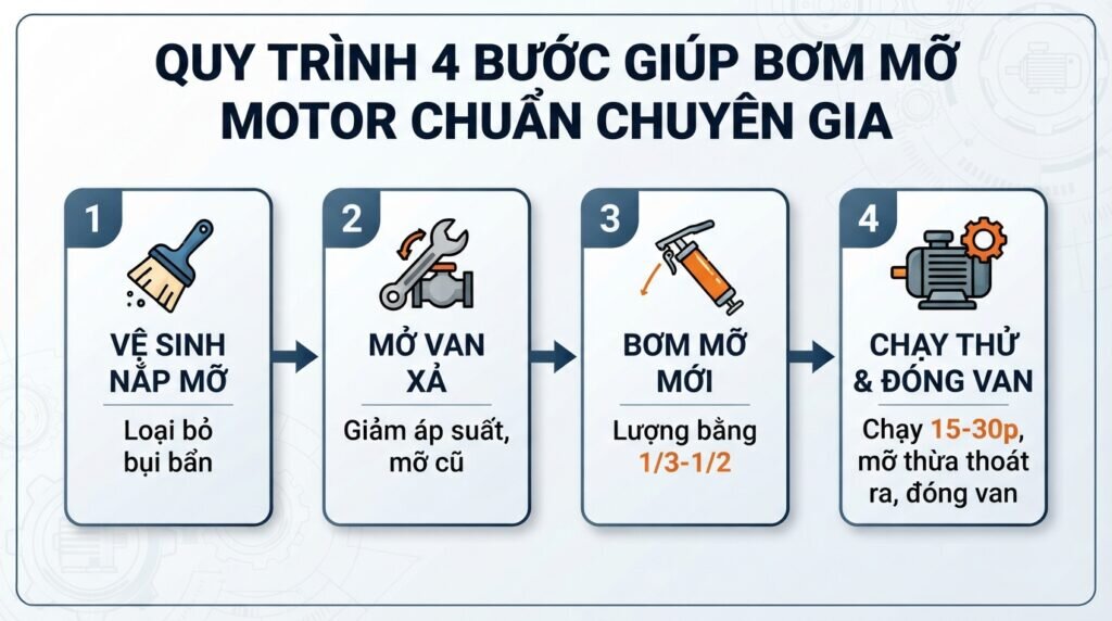 Quy trình 4 bước giúp bơm mỡ motor chuẩn chuyên gia.