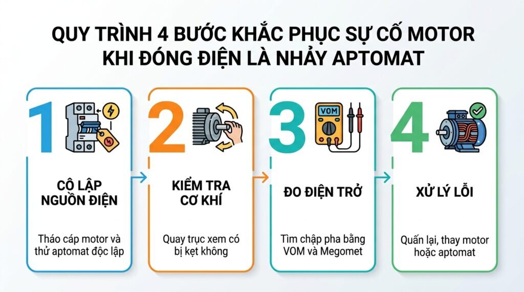 Quy trình 4 bước khắc phục sự cố motor cứ đóng điện là nhảy aptomat.