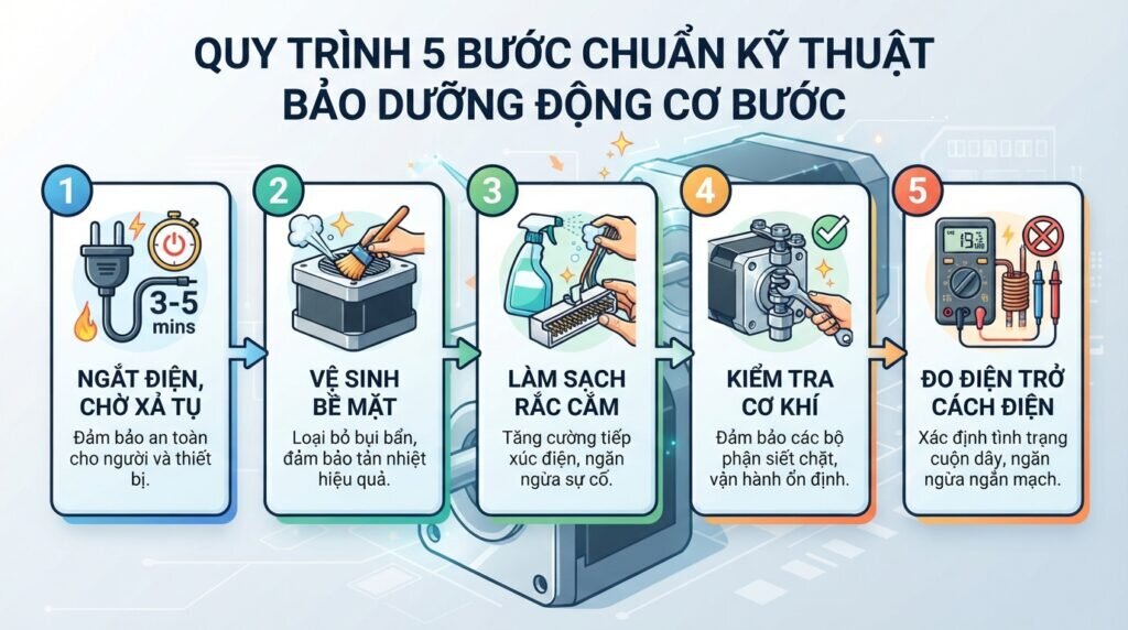 Quy trình 5 bước chuẩn kỹ thuật bảo dưỡng động cơ bước.