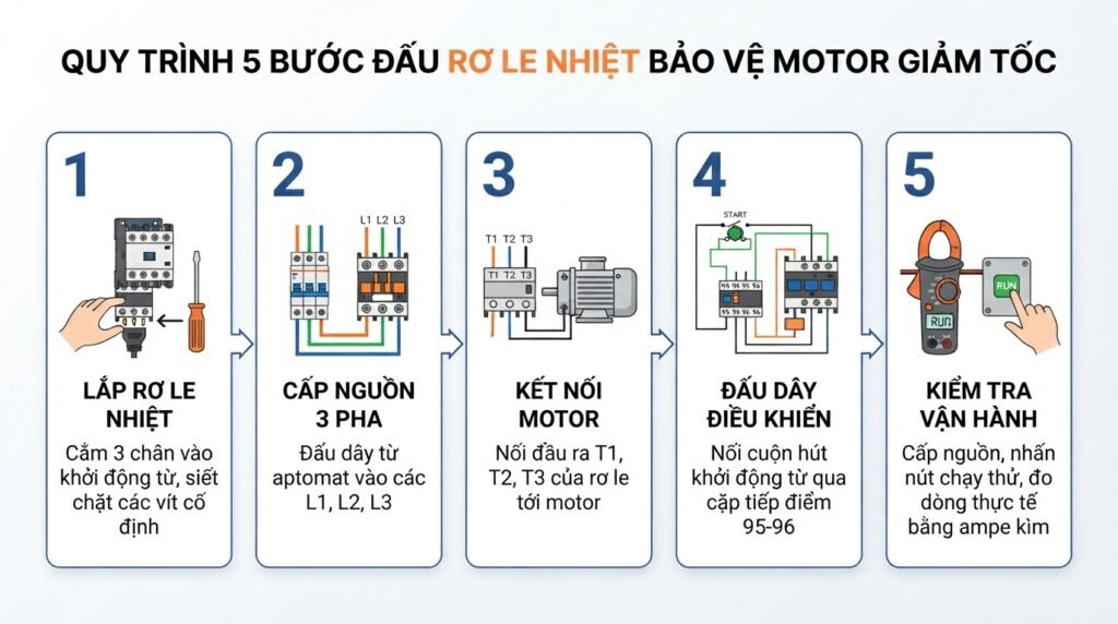 Quy trình 5 bước đấu rơ le nhiệt bảo vệ motor giảm tốc.