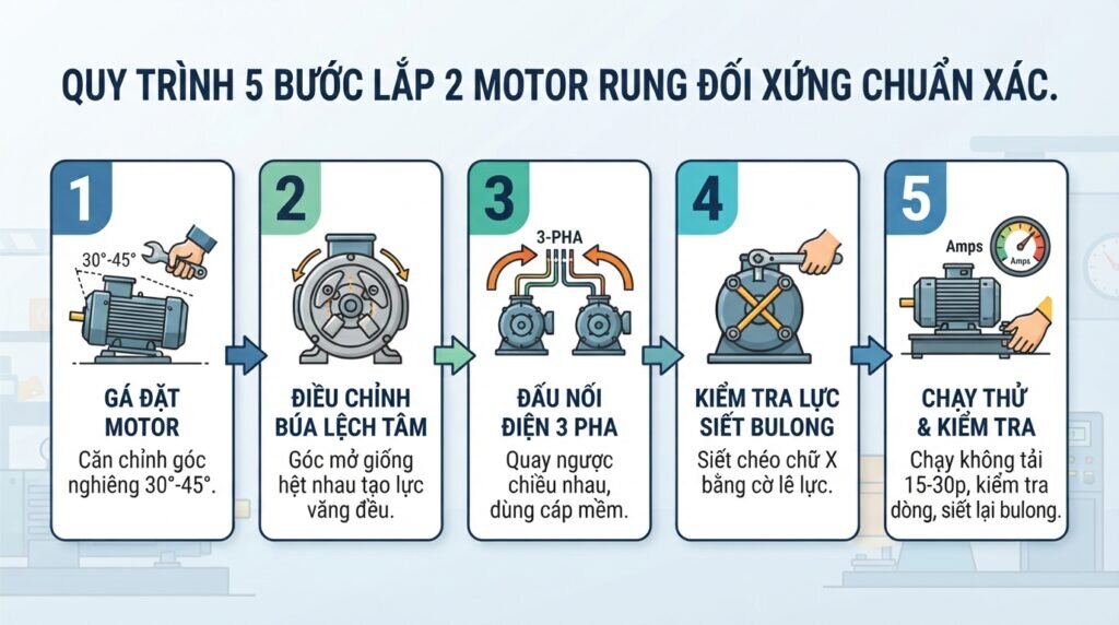 Quy trình 5 bước lắp 2 motor rung đối xứng chuẩn xác.