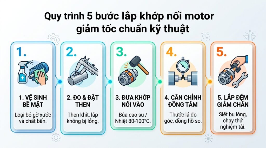 Quy trình 5 bước lắp khớp nối motor giảm tốc chuẩn kỹ thuật.