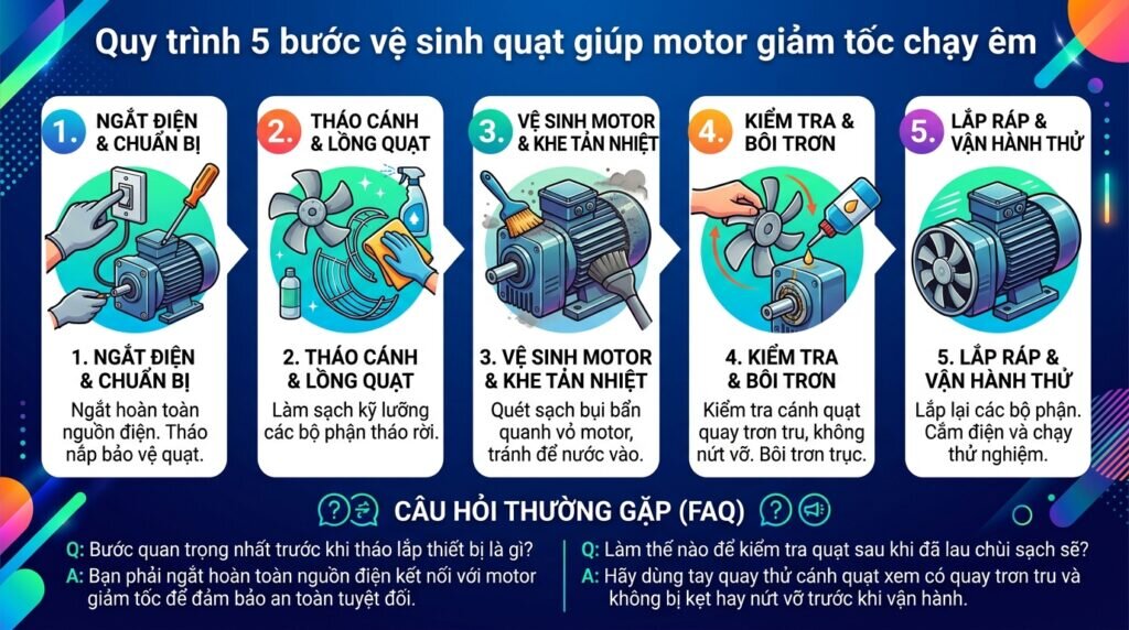 Quy trình 5 bước vệ sinh quạt giúp motor giảm tốc chạy êm