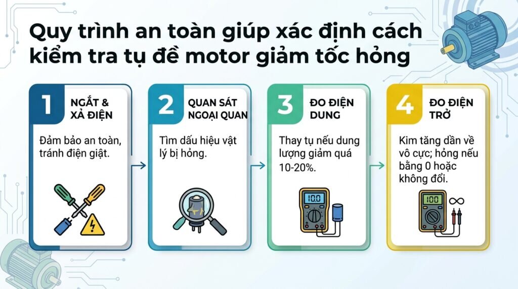 Quy trình an toàn giúp xác định cách kiểm tra tụ đề motor giảm tốc hỏng.