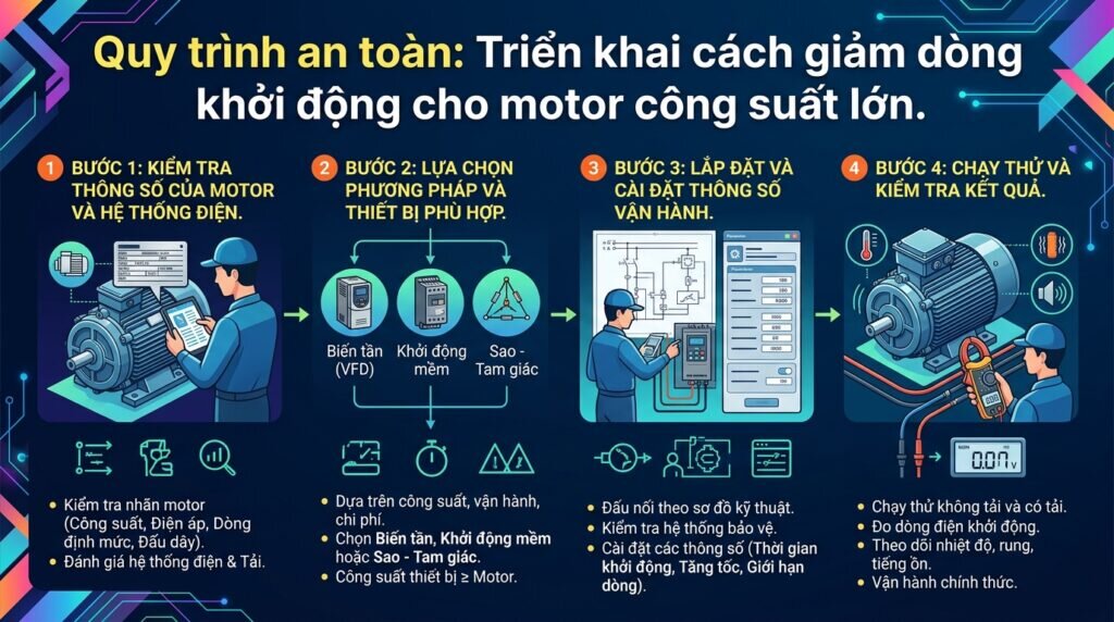 Quy trình an toàn: Triển khai cách giảm dòng khởi động cho motor công suất lớn.