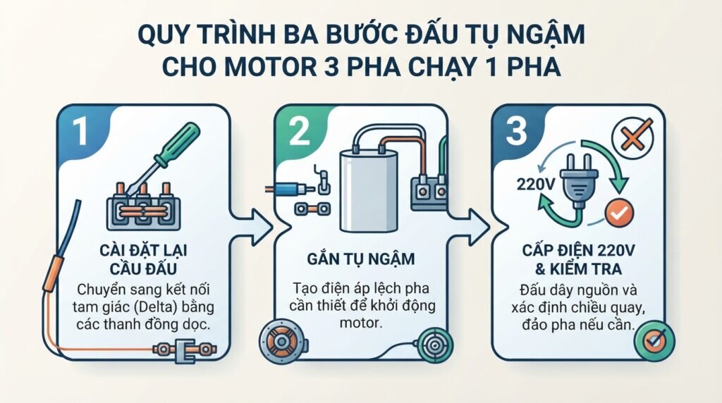 Quy trình ba bước đấu tụ ngậm cho motor 3 pha chạy 1 pha.