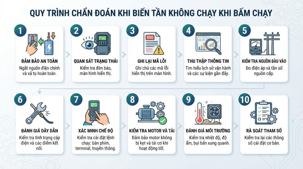 Quy trình chẩn đoán khi biến tần không chạy khi bấm chạy.