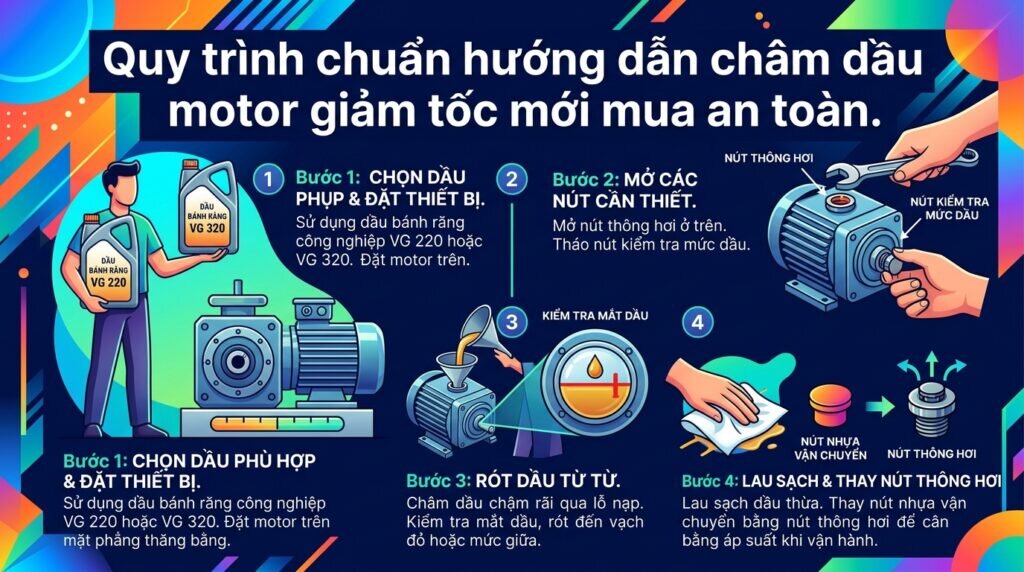 Quy trình chuẩn hướng dẫn châm dầu motor giảm tốc mới mua an toàn.