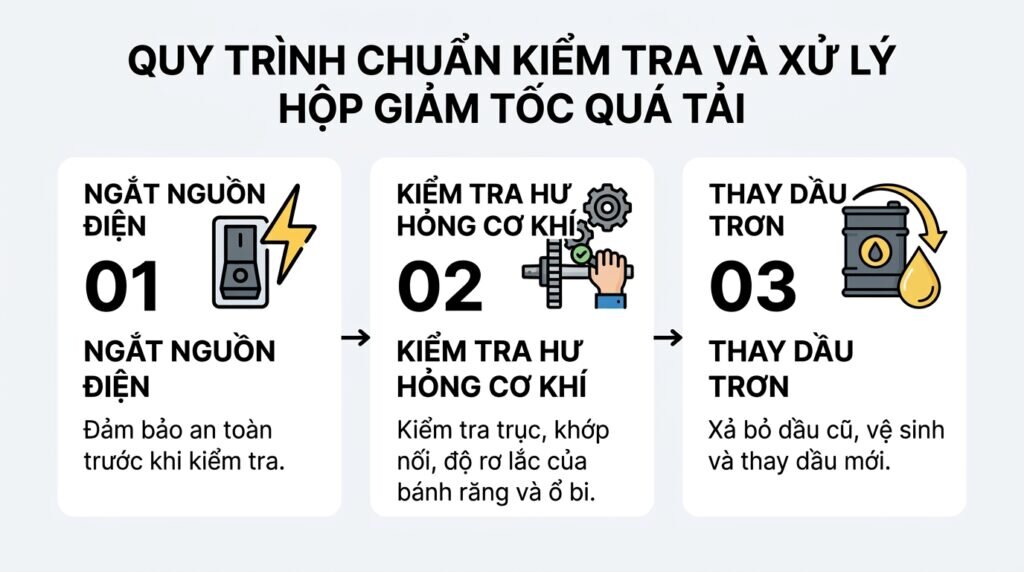 Quy trình chuẩn kiểm tra và xử lý hộp giảm tốc quá tải.