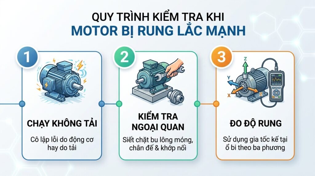 Quy trình kiểm tra khi motor bị rung lắc mạnh.