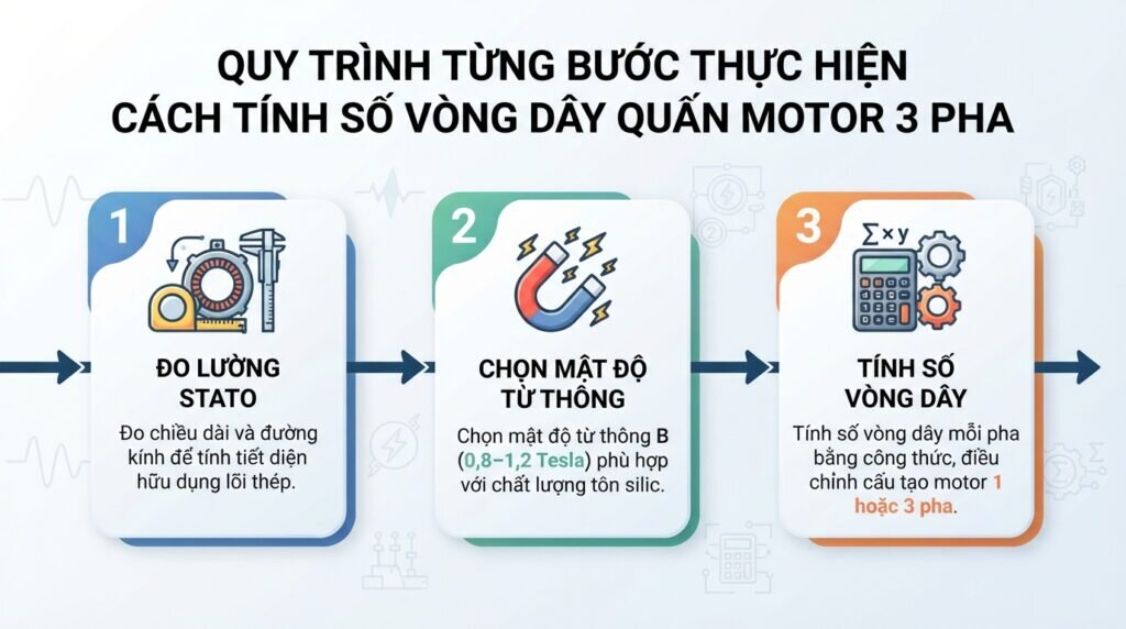 Quy trình từng bước thực hiện cách tính số vòng dây quấn motor 3 pha.
