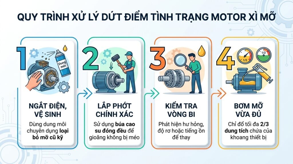 Quy trình xử lý dứt điểm tình trạng motor xì mỡ.