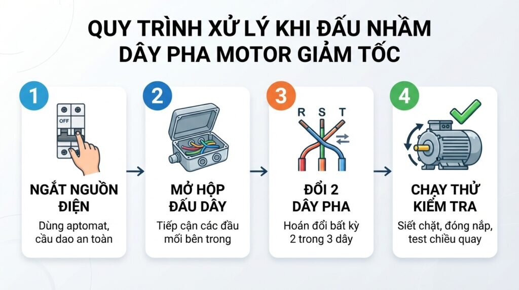 Quy trình xử lý khi đấu nhầm dây pha motor giảm tốc.