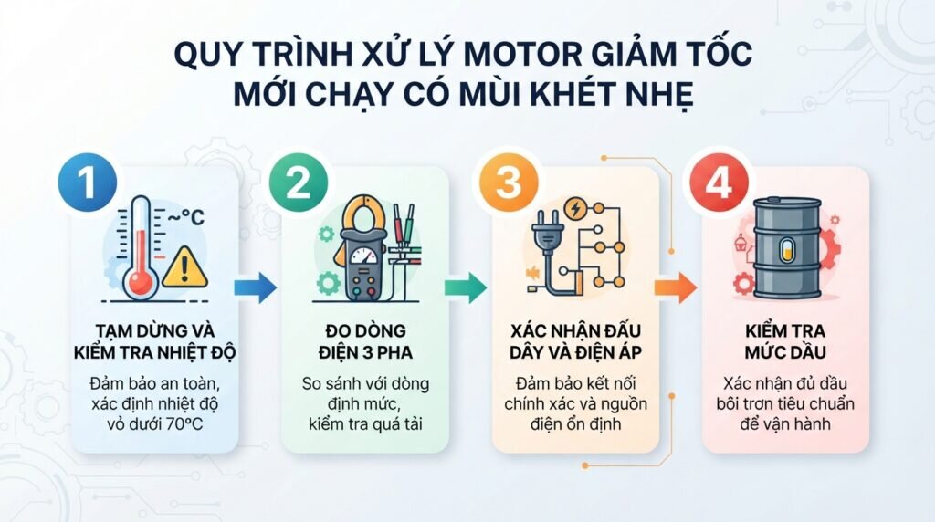 Quy trình xử lý motor giảm tốc mới chạy có mùi khét nhẹ.
