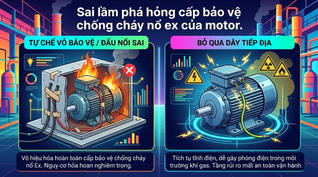 Sai lầm phá hỏng cấp bảo vệ chống cháy nổ ex của motor.