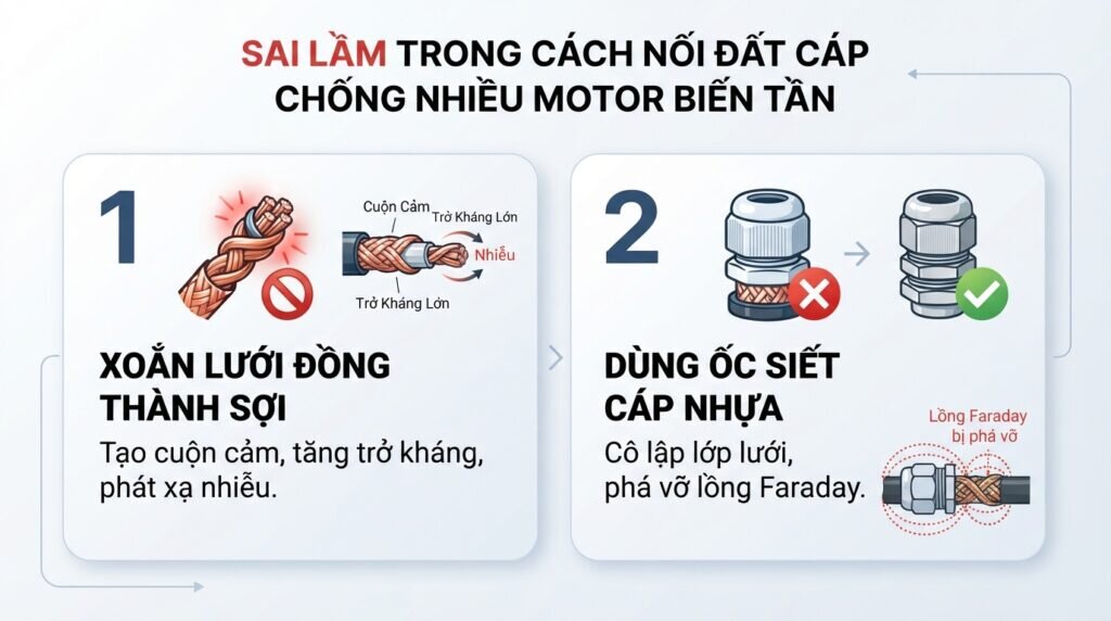 Sai lầm trong cách nối đất cáp chống nhiễu motor biến tần.