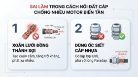 Sai lầm trong cách nối đất cáp chống nhiễu motor biến tần.