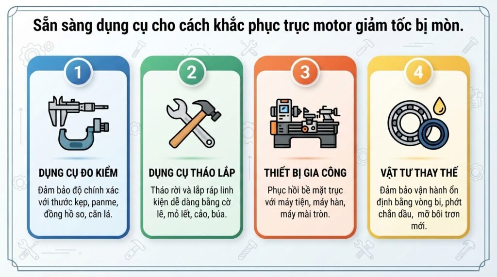 Sẵn sàng dụng cụ cho cách khắc phục trục motor giảm tốc bị mòn.