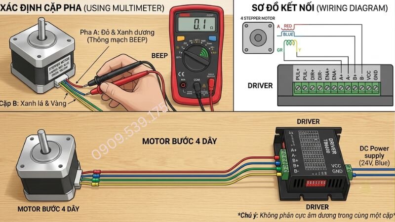Sơ đồ kết nối động cơ bước 4 dây vào Driver