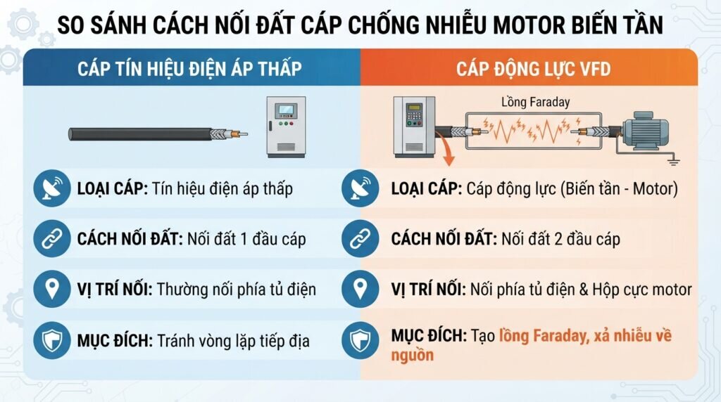 So sánh cách nối đất cáp chống nhiễu motor biến tần.