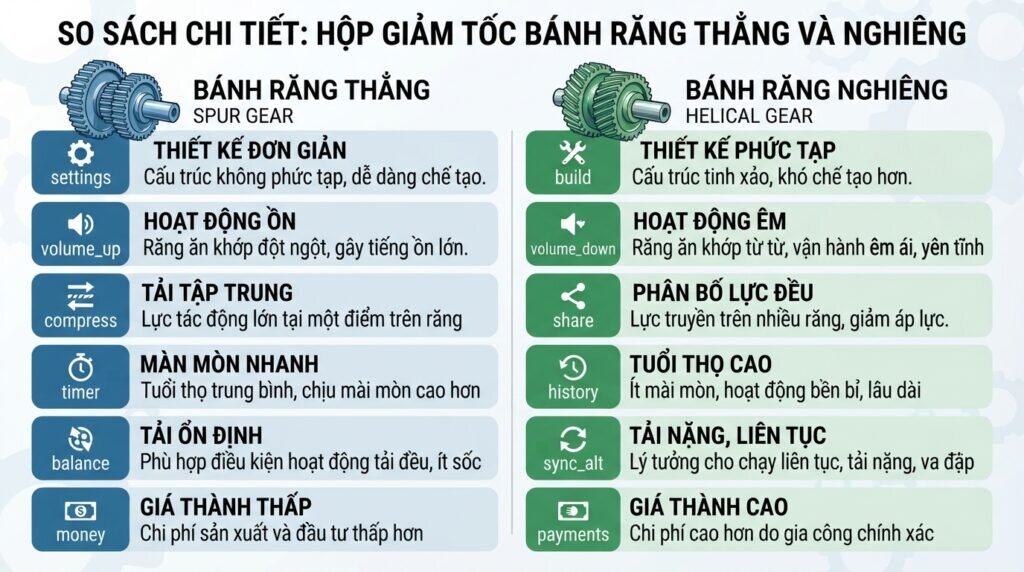 So sánh chi tiết Hộp giảm tốc bánh răng nghiêng và thẳng.