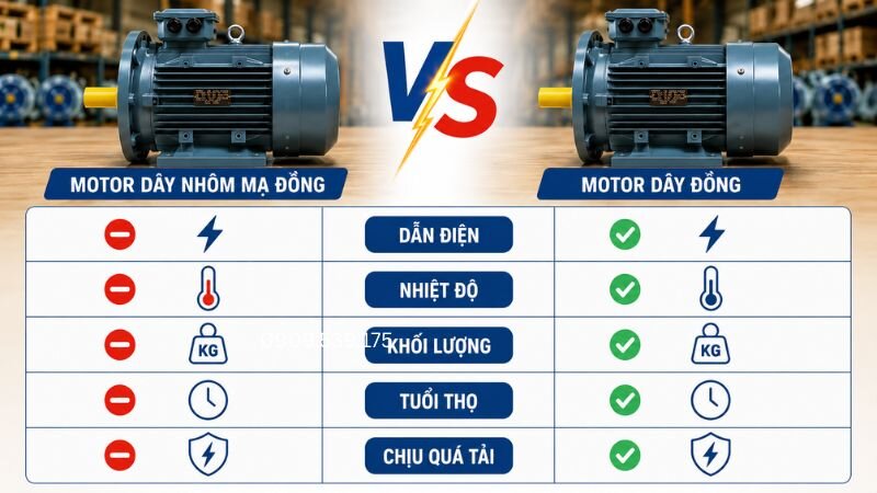 So sánh sự khác nhau giữa motor dây nhôm mạ đồng và motor dây đồng qua các tiêu chí quan trọng