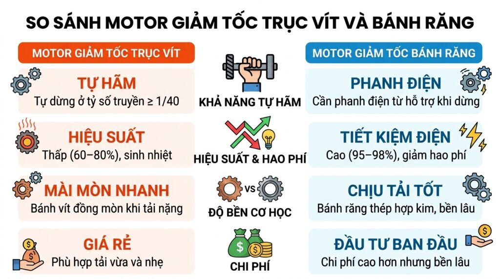 So sánh motor giảm tốc trục vít và bánh răng chính xác.