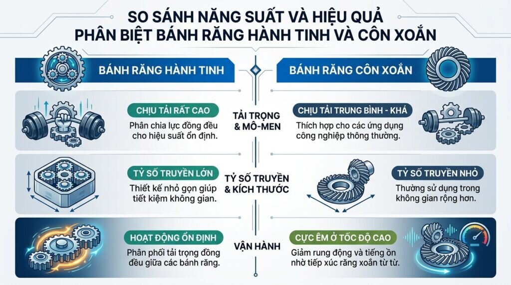 So sánh năng suất và hiệu quả phân biệt bánh răng hành tinh và côn xoắn.