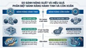 So sánh năng suất và hiệu quả phân biệt bánh răng hành tinh và côn xoắn.