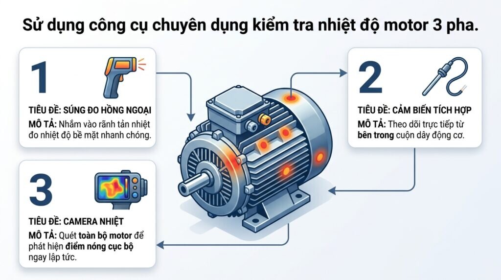 Sử dụng công cụ chuyên dụng kiểm tra nhiệt độ motor 3 pha.