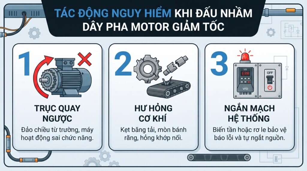 Tác động nguy hiểm khi đấu nhầm dây pha motor giảm tốc.
