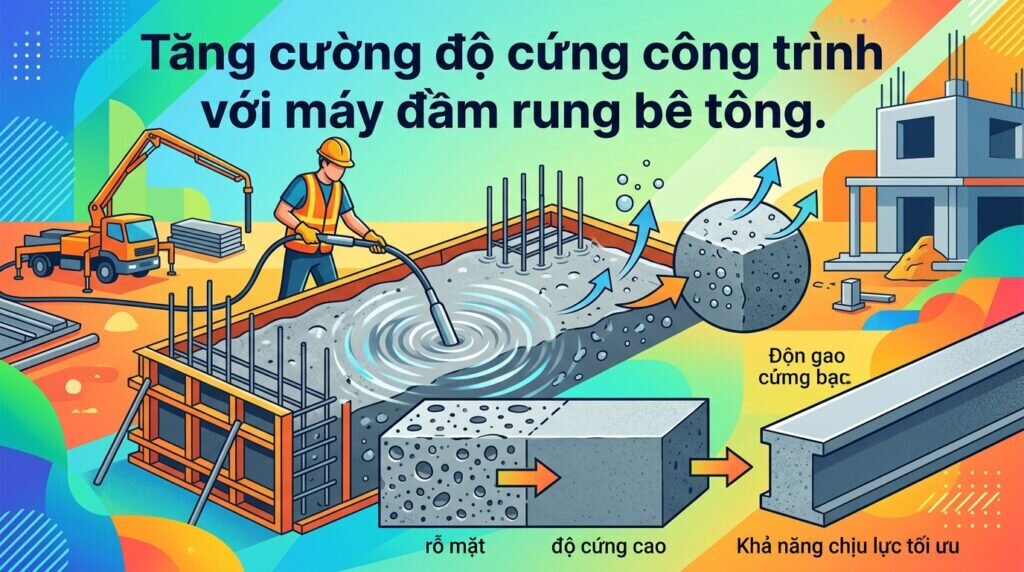 Tăng cường độ cứng công trình với máy đầm rung bê tông.