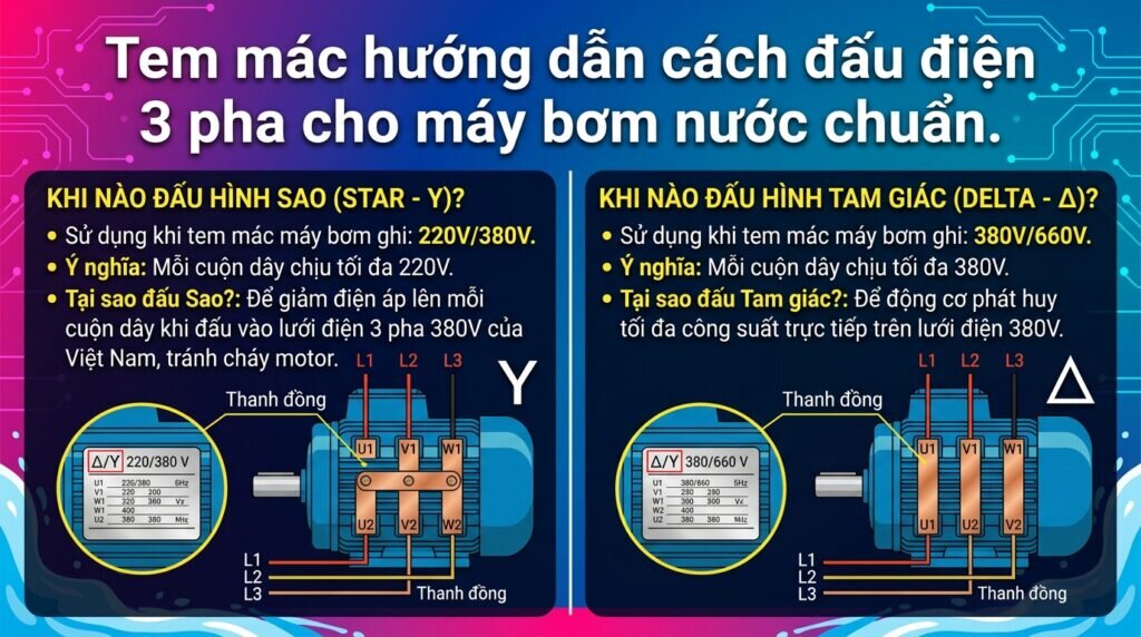 Tem mác hướng dẫn cách đấu điện 3 pha cho máy bơm nước chuẩn.