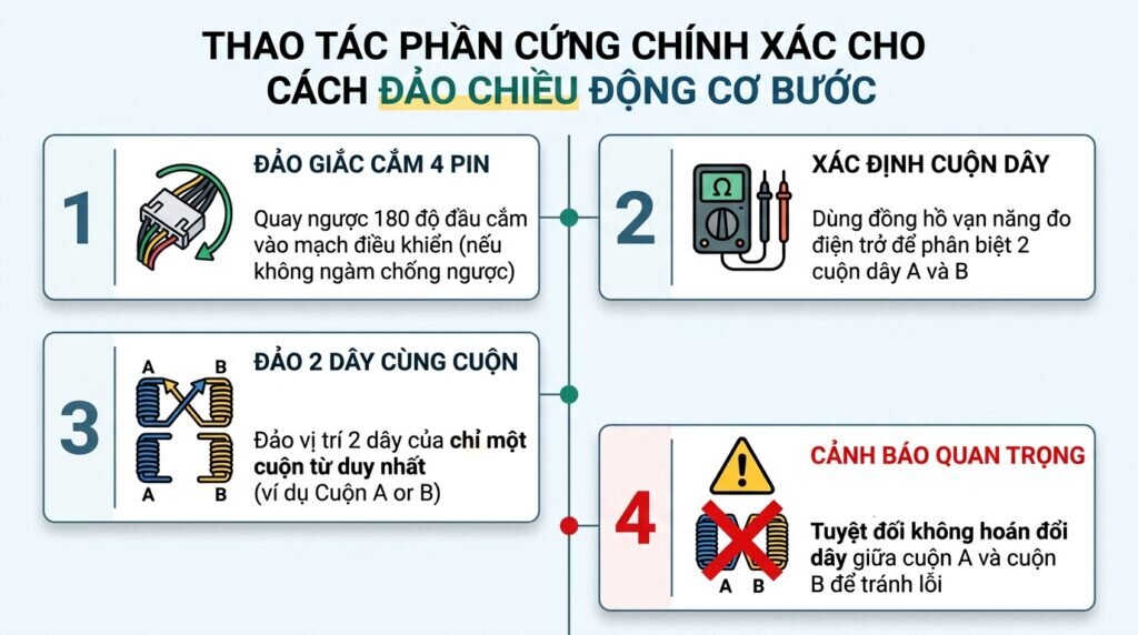 Thao tác phần cứng chính xác cho cách đảo chiều động cơ bước.