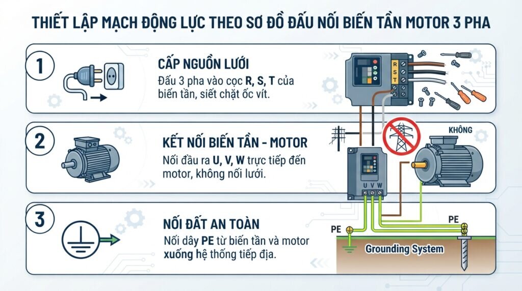 Thiết lập mạch động lực theo sơ đồ đấu nối biến tần motor 3 pha.