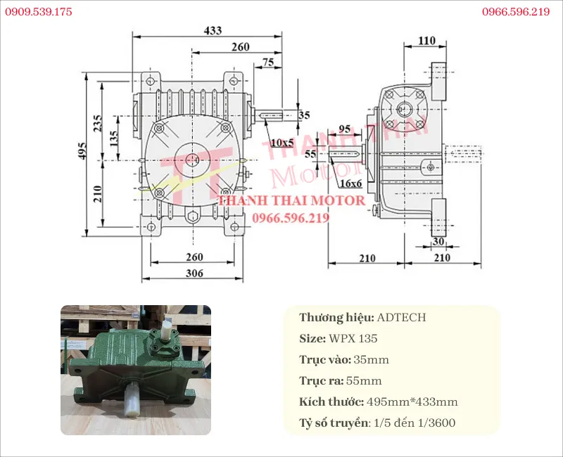 Thông số kỹ thuật và bản vẽ hộp số giảm tốc WPX 135