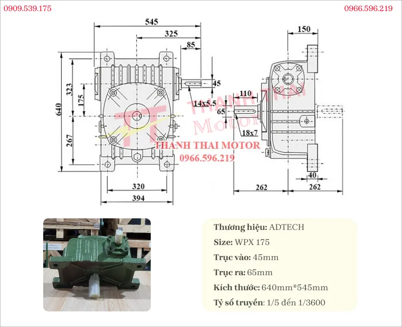 Technical specifications and drawing of WPX 175 gearbox