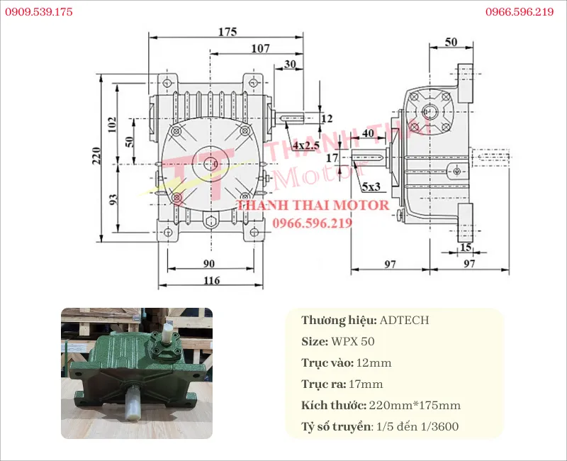 Technical specifications and drawing of WPX 50 gearbox