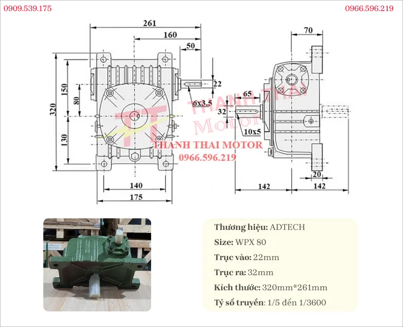 Thông số kỹ thuật và bản vẽ hộp số giảm tốc WPX 80