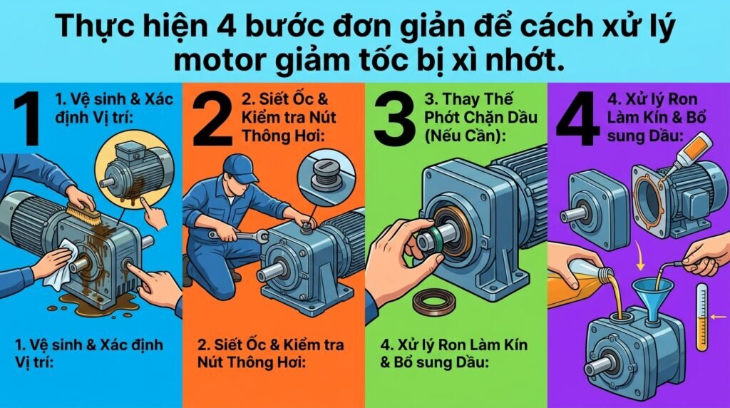 Thực hiện 4 bước đơn giản để cách xử lý motor giảm tốc bị xì nhớt.