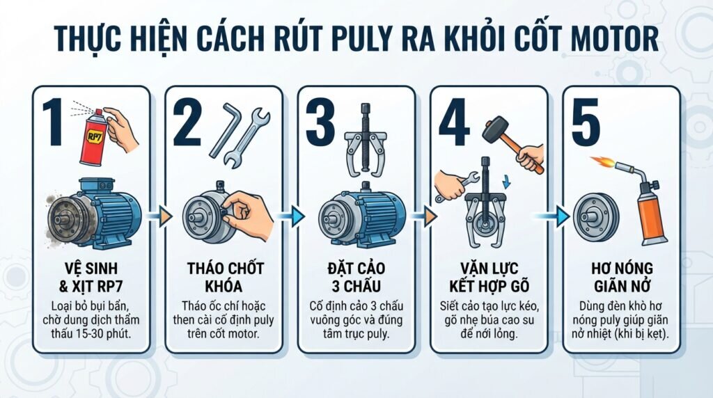 Thực hiện cách rút puly ra khỏi cốt motor.