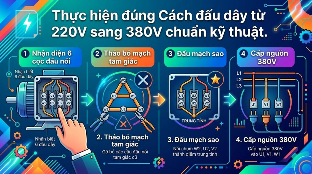Thực hiện đúng Cách đấu dây từ 220V sang 380V chuẩn kỹ thuật.