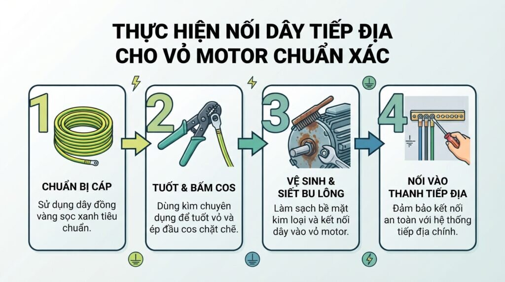 Thực hiện nối dây tiếp địa cho vỏ motor chuẩn xác.