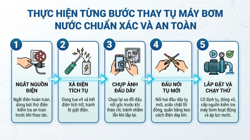 Thực hiện từng bước thay tụ máy bơm nước chuẩn xác và an toàn.
