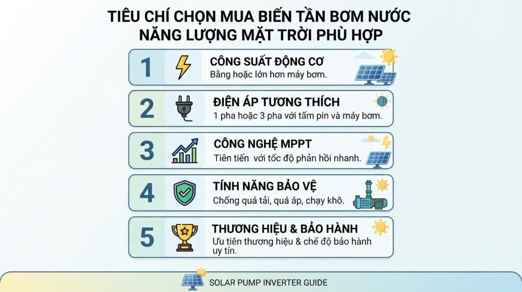 Tiêu chí chọn mua biến tần bơm nước năng lượng mặt trời phù hợp.