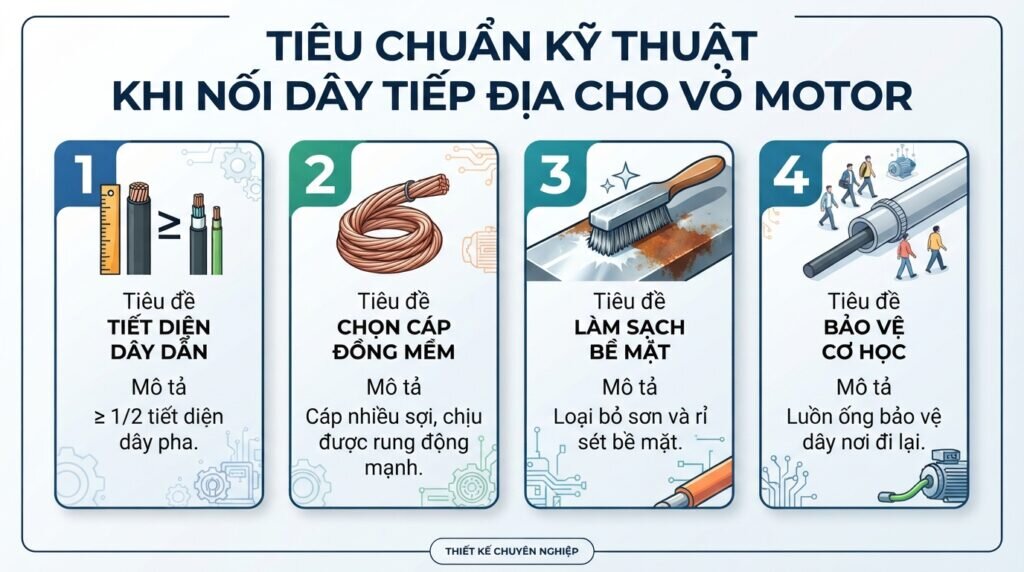Tiêu chuẩn kỹ thuật khi nối dây tiếp địa cho vỏ motor.