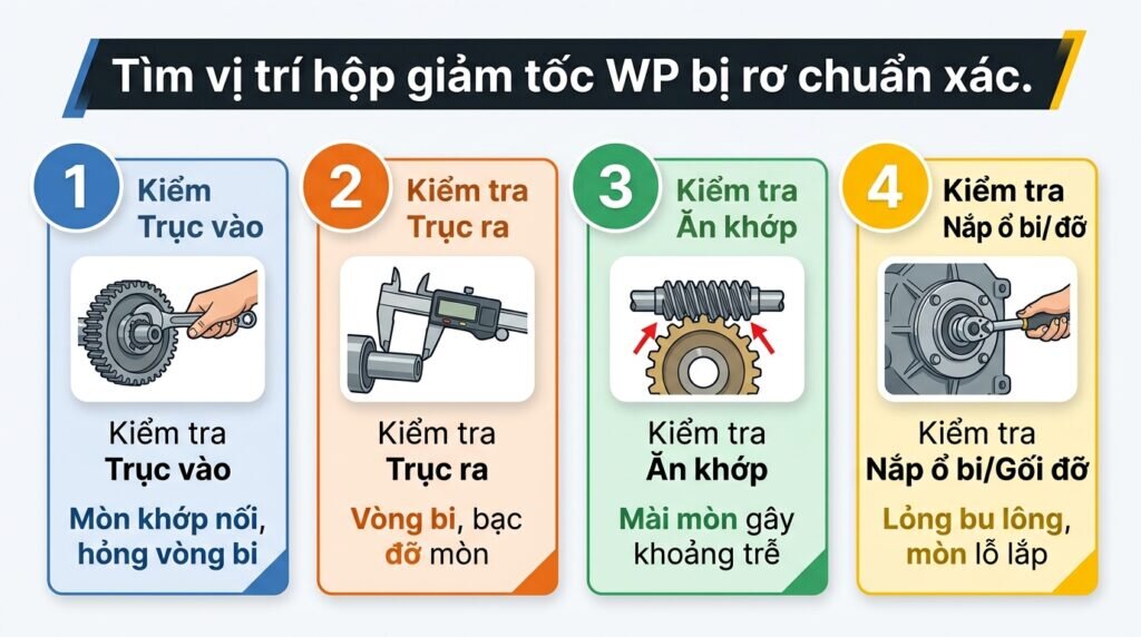 Tìm vị trí hộp giảm tốc WP bị rơ chuẩn xác.