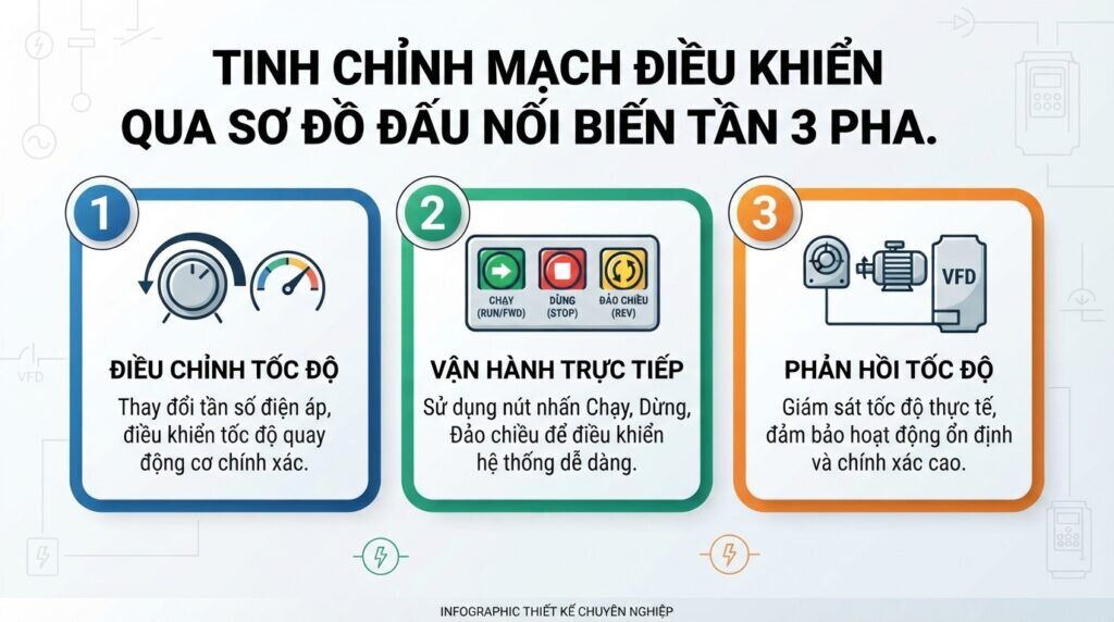 Tinh chỉnh mạch điều khiển qua sơ đồ đấu nối biến tần 3 pha.