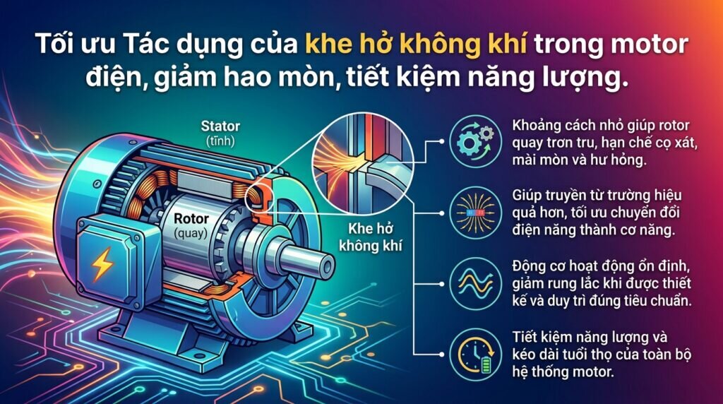 Tối ưu Tác dụng của khe hở không khí trong motor điện, giảm hao mòn, tiết kiệm năng lượng.